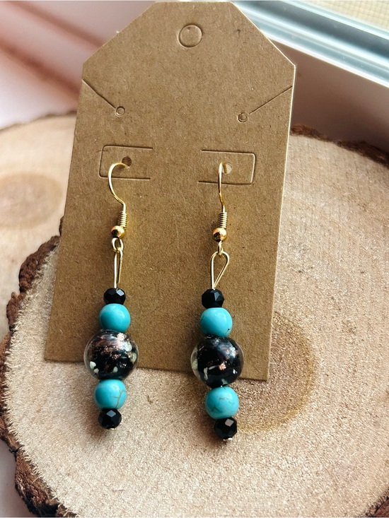 Handmade Jewelry - Handmade Turquoise Beaded Dangle Earrings | Southwestern Boho | Gold Black